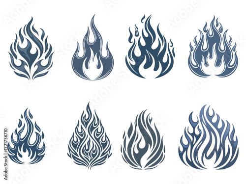 Collection of retro flame silhouettes featuring motorcycles, cars and tattoo. Vector illustration.