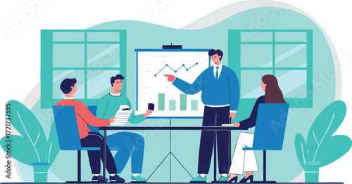 Flat illustration of a business meeting with a presentation isolated on transparent background