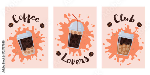 Set of poster designs featuring coffee cups on a colored background with a coffee stain and the text "coffee lovers club". Ideal for invitations, cards, banners, covers, café menus, and other template
