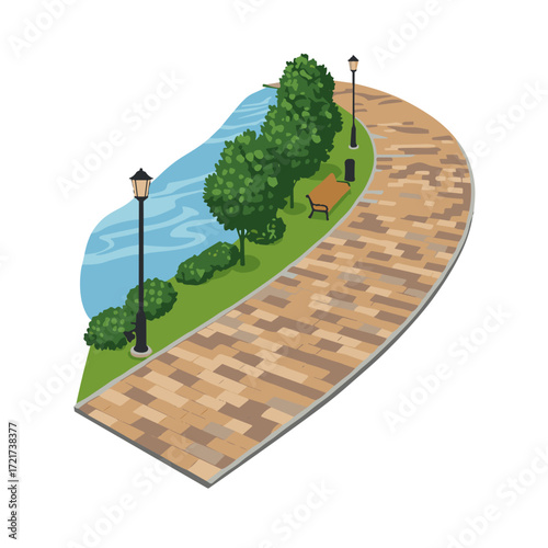 Top view of a riverfront promenade with a blue water body, lawn, trees, bench, lanterns, and pavement