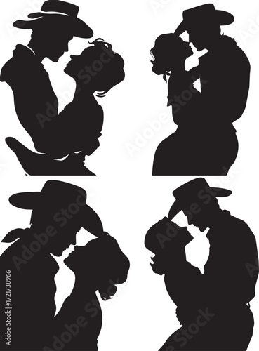 Vector art of silhouette of cowboy couple kissing, love, romance