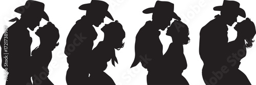 Vector art of silhouette of cowboy couple kissing, love, romance