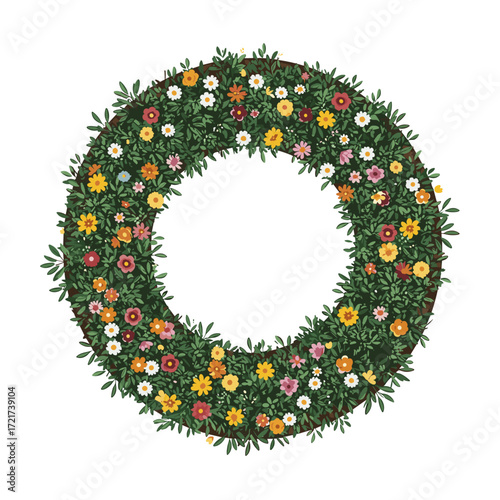 Vector illustration of a blooming flower bed in a circular shape, top view