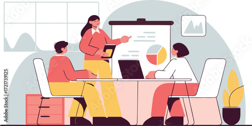 Flat illustration of a business meeting with a presentation isolated on transparent background