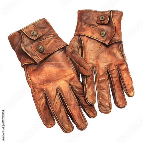 Vintage brown leather gloves with buttoned wrist straps, perfect for retro fashion or motorcycle riding