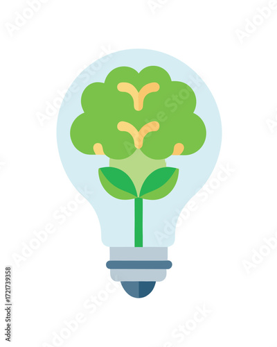 Green brain growing inside a light bulb, symbolizing ecofriendly ideas and innovation