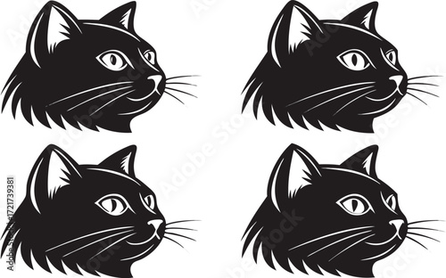Four identical black cat heads in profile with wide eyes and alert ears displayed in a grid