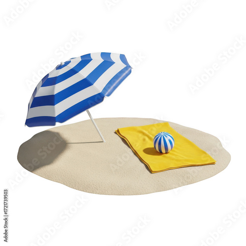 Miniature beach scene with striped umbrella yellow towel and blue ball isolated on transparent background