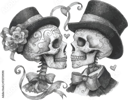 Vector art of two skeletons in love wearing hats
