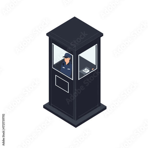Isolated top view vector illustration of a black security booth with a guard