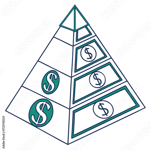 Isometric outline of a pyramid divided into sections with dollar signs on each level illustration