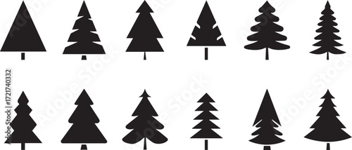 Vector art of set of twelve different christmas tree silhouettes for design