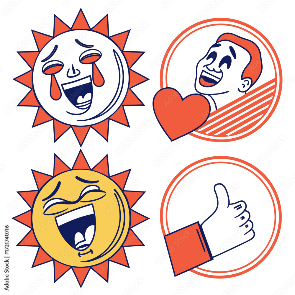Obraz premium Illustration featuring two suns with faces and two icons of a man and a thumbs up sign