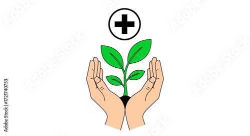 Hands gently cradling a growing plant sprout, with a plus symbol above.