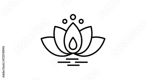 Line art lotus flower with water droplets and three lines at the bottom.