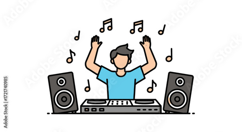 A DJ enthusiastically plays music on turntables with speakers.