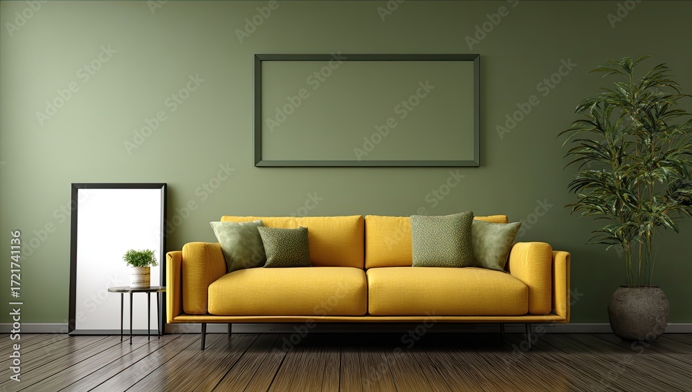 Fototapeta premium A minimalist living room features a mustard yellow sofa with olive green pillows, a dark wood floor, an olive green wall, and two framed empty canvases. A small potted plant sits on a side table