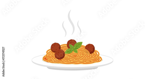 A plate of spaghetti and meatballs, garnished with basil, steaming hot.