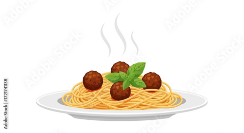 A plate of spaghetti with meatballs and basil.