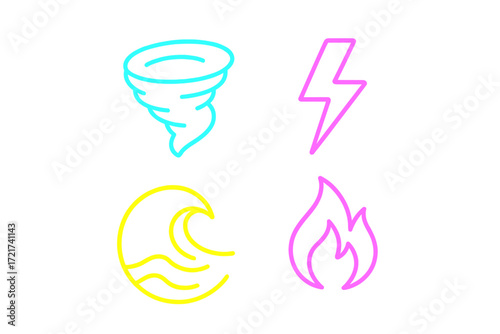 Collection of natural disaster and weather elements symbols featuring a powerful tornado, bright lightning, ocean wave, and burning fire flame