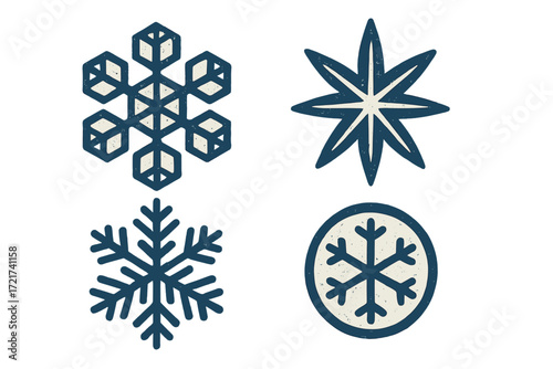 Set of diverse stylized winter snowflake symbols and cold weather icons for seasonal design elements and festive decorations