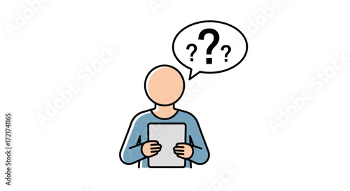 Person holding paper, thinking, question marks above.