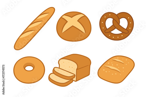 Delicious assortment of freshly baked bread and pastry items including baguette, pretzel, bagel, round loaf, and sliced bread