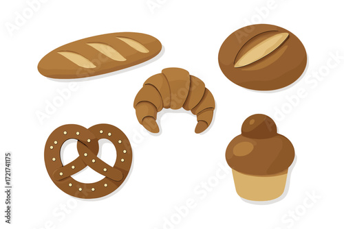 Assortment of freshly baked bread and pastries like baguette, croissant, pretzel, and sweet bun in paper cut style