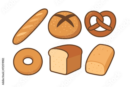 Assortment of freshly baked bread products including baguette, round loaf, pretzel, bagel, and sliced bread