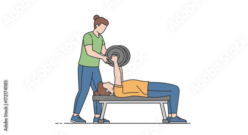 A woman assists a man performing a bench press exercise.