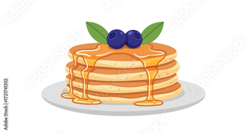 A stack of pancakes drizzled with syrup and topped with blueberries.