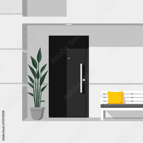 Stylish modern entryway of a house featuring a black front door, a white bench, and a decorative plant, embodying a minimalist architectural design concept