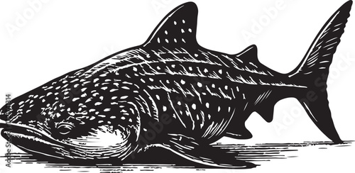 Detailed illustration of a large whale shark with distinctive spots and fins isolated on a white background in a graphic style