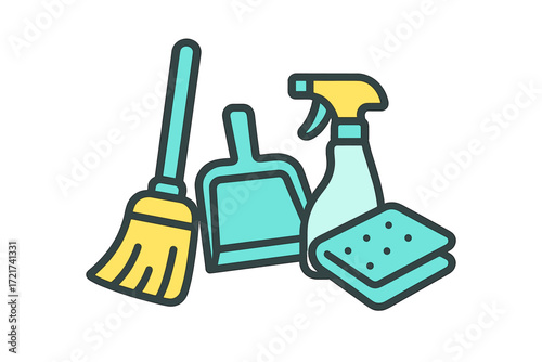 Essential household cleaning tools including a broom, dustpan, spray bottle, and sponge for domestic tidiness