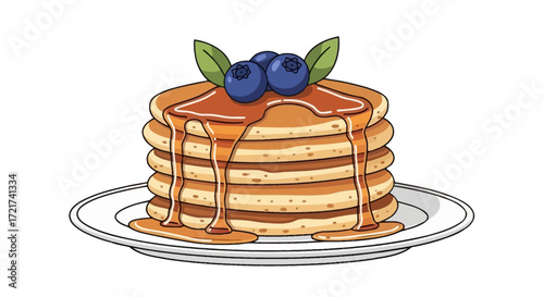 A stack of pancakes drizzled with syrup and topped with blueberries.