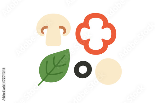 Assortment of fresh pizza ingredients with mushroom, bell pepper, spinach leaf, black olive, and cheese