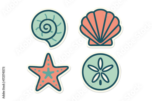 Colorful stylized marine life elements featuring various seashells, a starfish, and a sand dollar in a modern flat graphic design