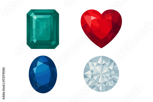 Assortment of precious faceted gemstones including emerald, heart, oval, and round brilliant cuts with vibrant colors