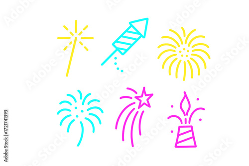 Brightly colored outline icons of festive fireworks and sparklers for celebration designs and party events