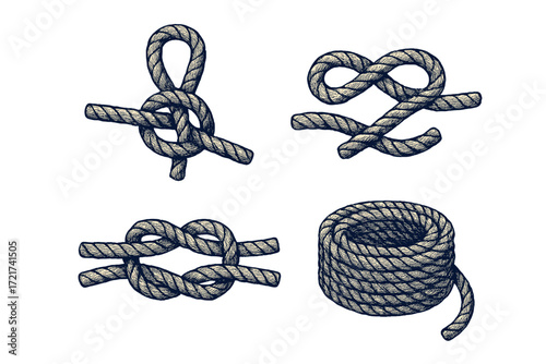 Collection of different nautical rope knots and a coiled rope bundle in a classic vintage engraved style, isolated on white