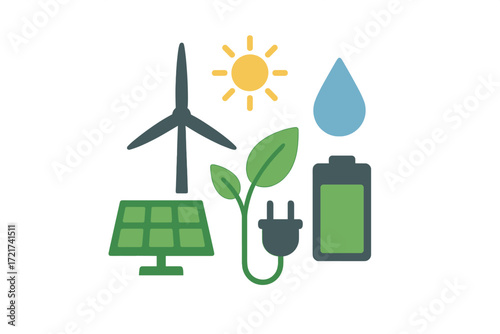 Renewable energy sources and sustainable power generation concept with environmental icons including solar panel, wind turbine, water, plant, and battery
