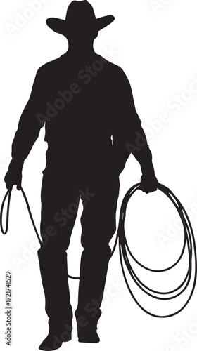 Vector art of silhouette of a cowboy with lasso in black ink illustration