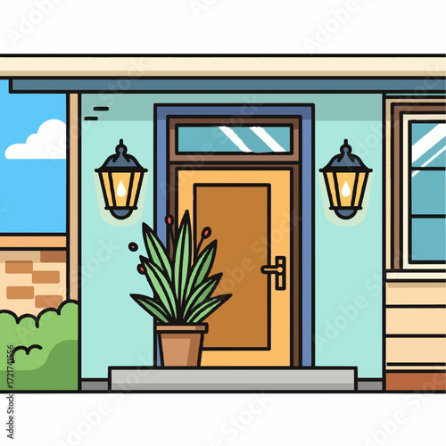 A welcoming front door of a suburban home, a cheerful and bright exterior scene depicted in a clean and modern illustration style