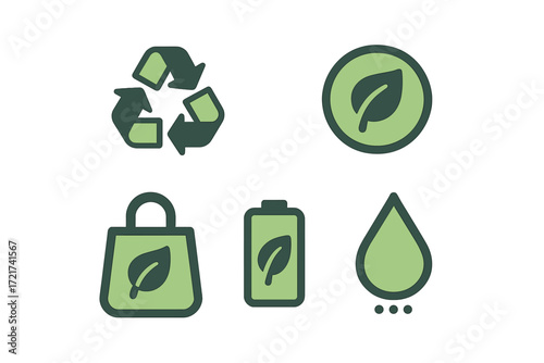Set of ecological and environmental conservation symbols including recycling, nature, green energy, and water drop