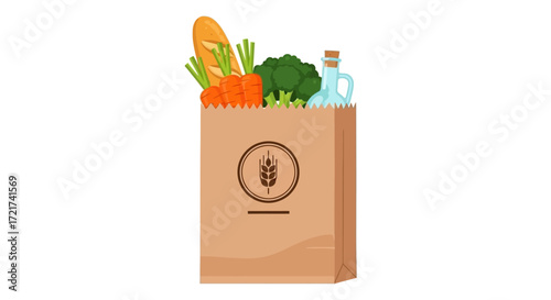 Brown paper grocery bag with bread, carrots, broccoli, and oil.