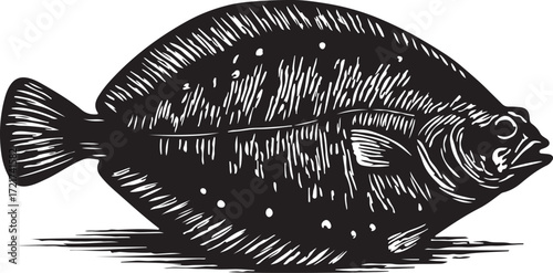 Detailed black and white woodcut illustration of a flatfish with distinctive spots on its body and fins