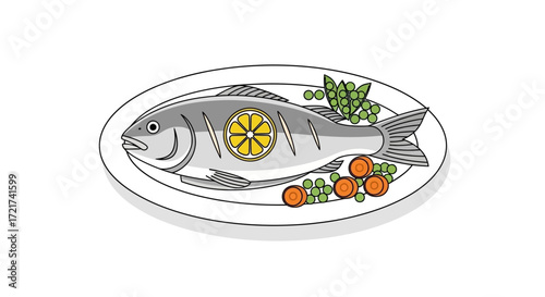 Grilled fish with lemon and vegetables on a plate.