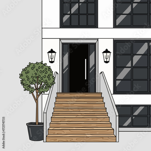 Welcoming entrance to a contemporary home with a wooden staircase, elegant black front door, and a potted tree decoration