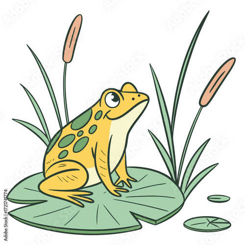 A cartoon frog sitting on a lily pad surrounded by cattails and small floating leaves in the water
