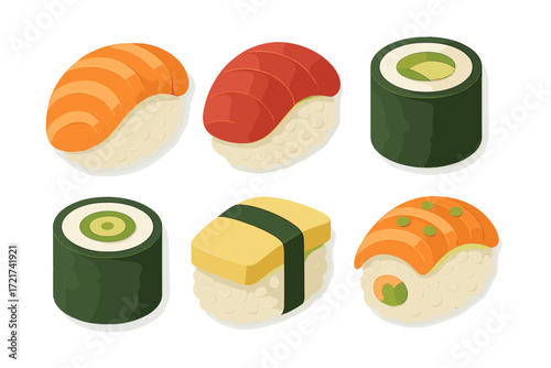 Assortment of traditional Japanese sushi and maki rolls with various toppings and ingredients, Asian cuisine